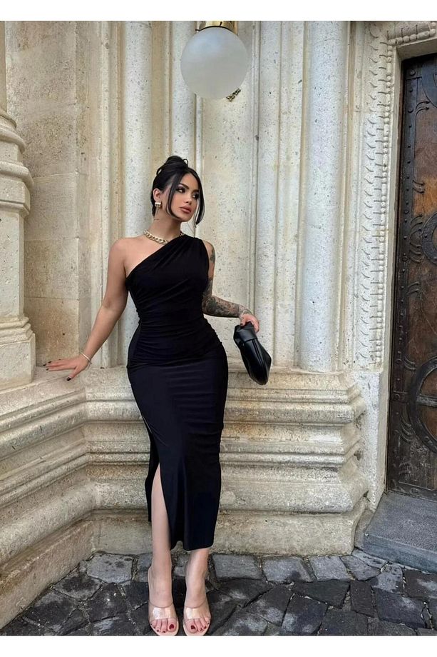 İsabella Tek Omuz Detaylı Drapelli Sendy Yırtmaçlı Elbise - 1