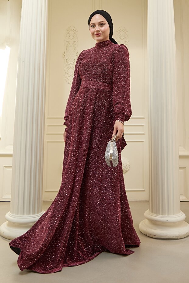 Pullu Taşlı Buzy Pembe Abiye Elbise - 1