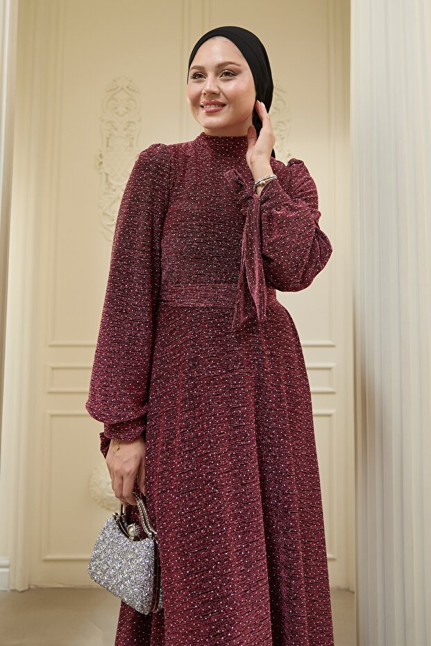 Pullu Taşlı Buzy Pembe Abiye Elbise - 3