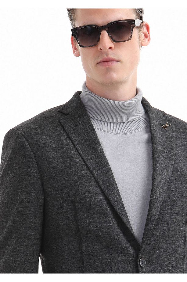 Antrasit Düz Zeroweight Slim Fit Yün Karışımlı Örme Ceket - 5