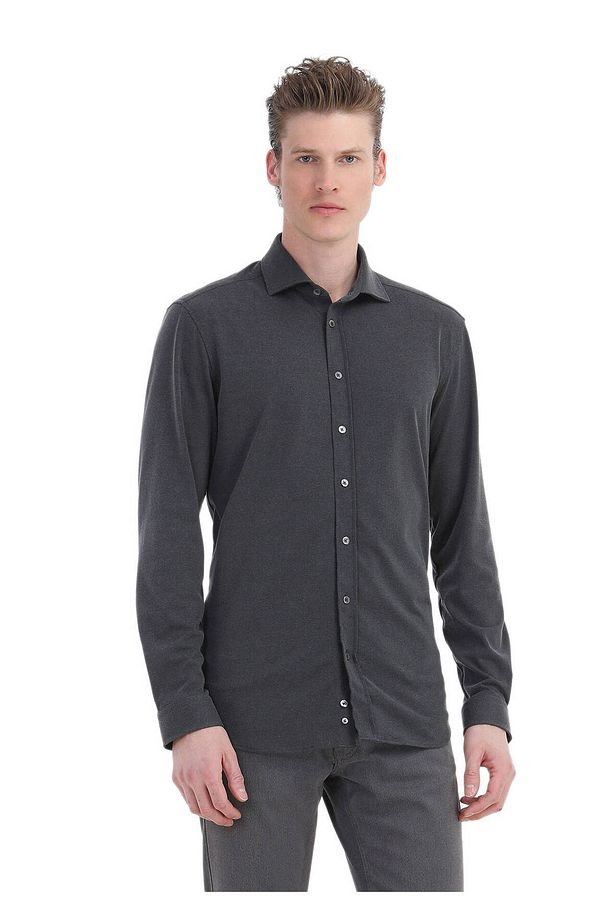Antrasit Düz Regular Fit Dokuma Casual Gömlek - 1