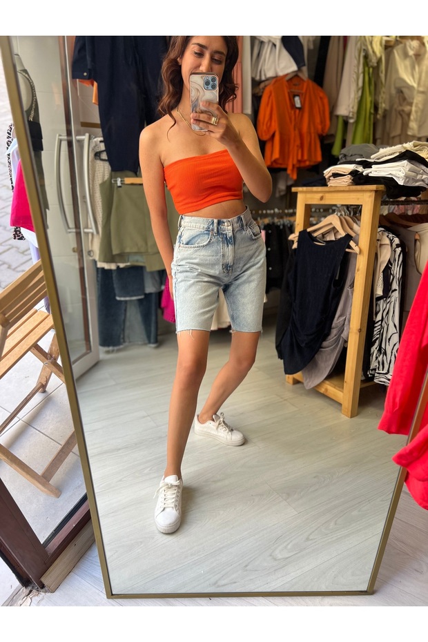 Buz mavi şehir boy denim şort - 1