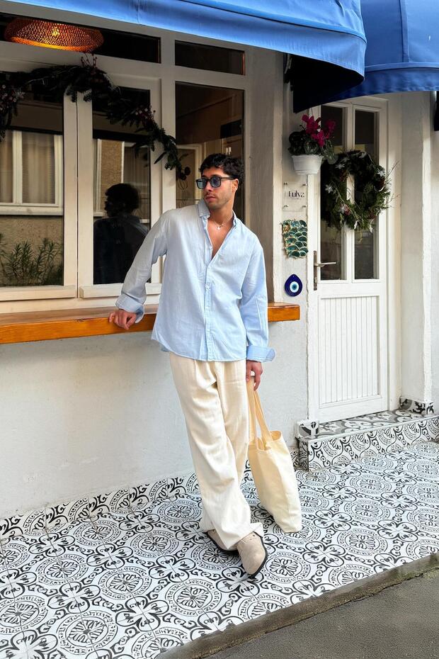 Basic Keten Gömlek Mavi - 6