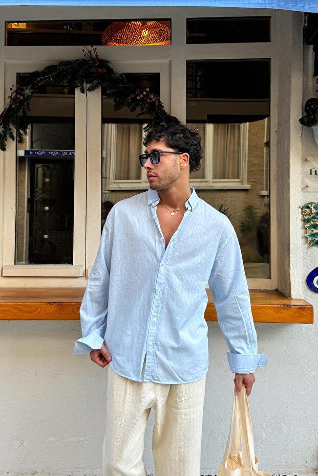 Basic Keten Gömlek Mavi - 5