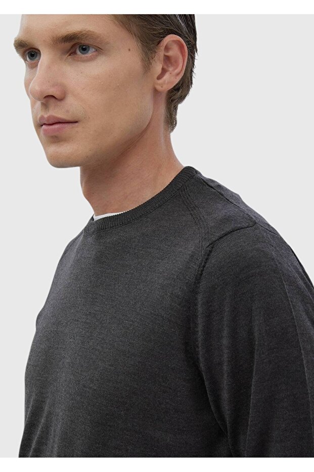 Antrasit Bisiklet Yaka Düz Örgü Yün Karışımlı Triko Kazak - 5