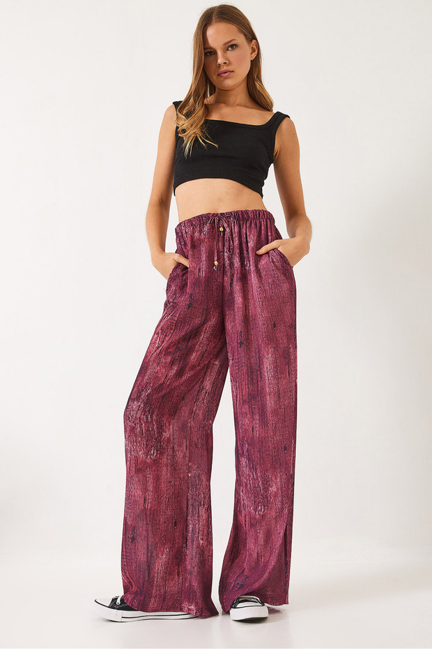 Women's Burgundy Contrast Gradient Pocket Detailed Wide Leg Trousers 60440-2 60271056