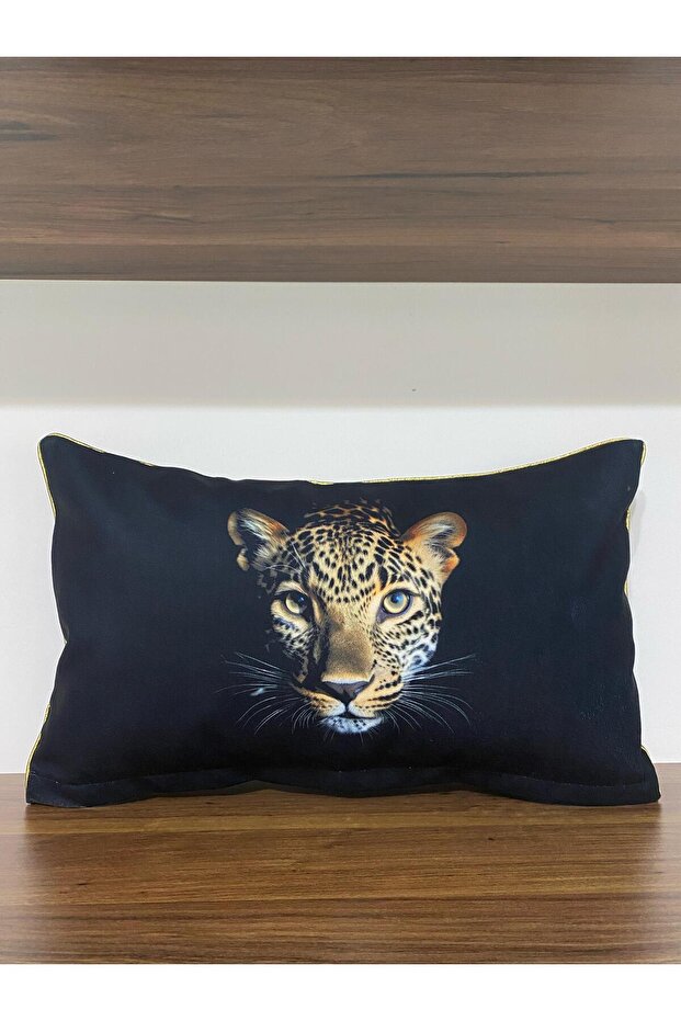 H1196-3050 Black Velvet Floor Leopard Pattern Double Sided Throw Pillow Cover with Bias Binding on the Edges