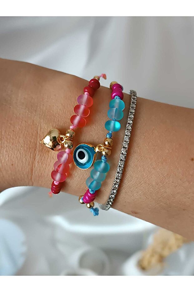 Bracelet String Anklet Set of 2 Natural Stone Heart Fish Luck Pink Heart Bracelet Mint Fish Anklet