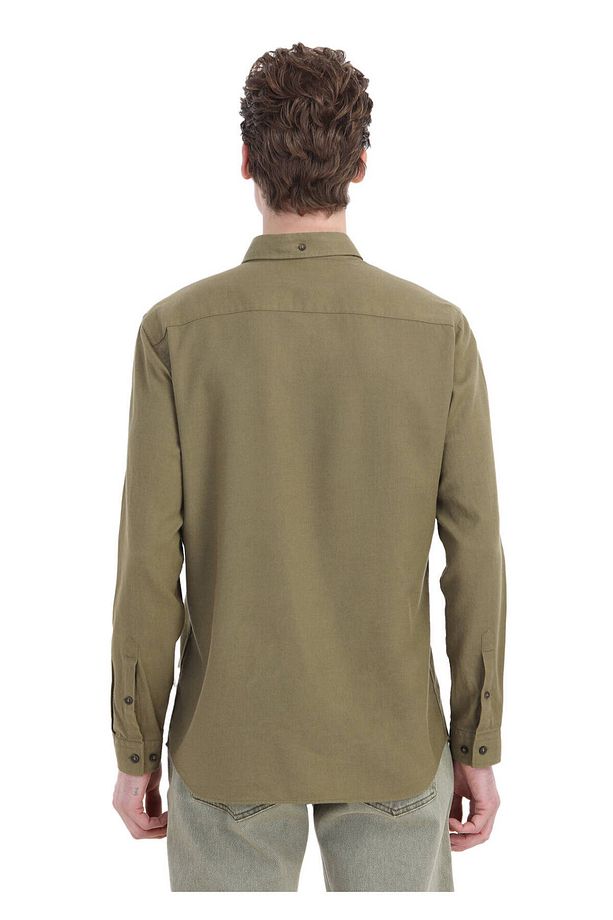 Haki Düz Regular Fit Dokuma Casual Yün Karışımlı Gömlek - 5
