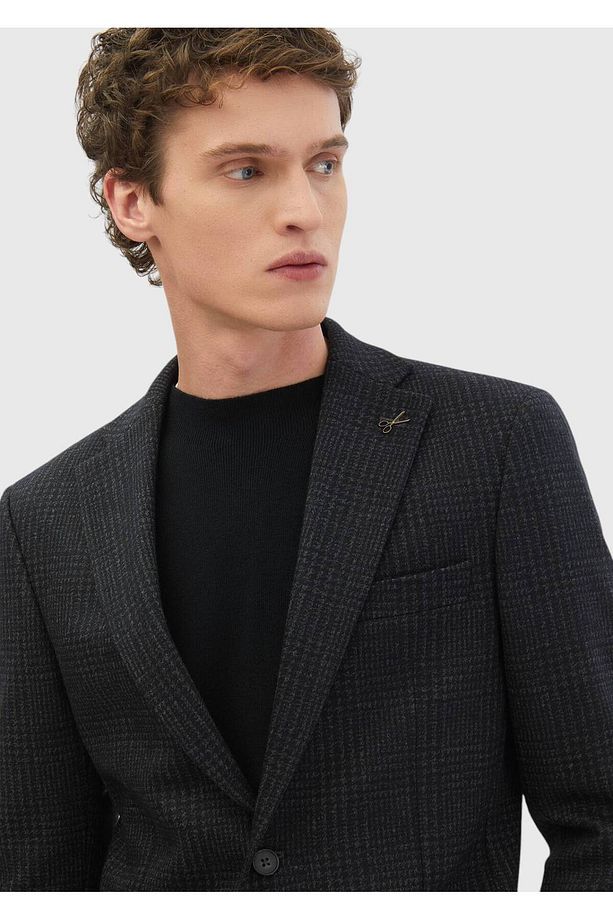 Antrasit Kareli Zeroweight Slim Fit Yün Karışımlı Örme Ceket - 3