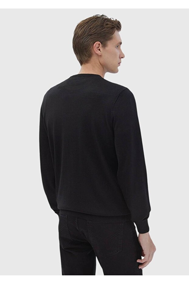 Siyah Bisiklet Yaka Düz Örgü Yün Karışımlı Triko Kazak - 6