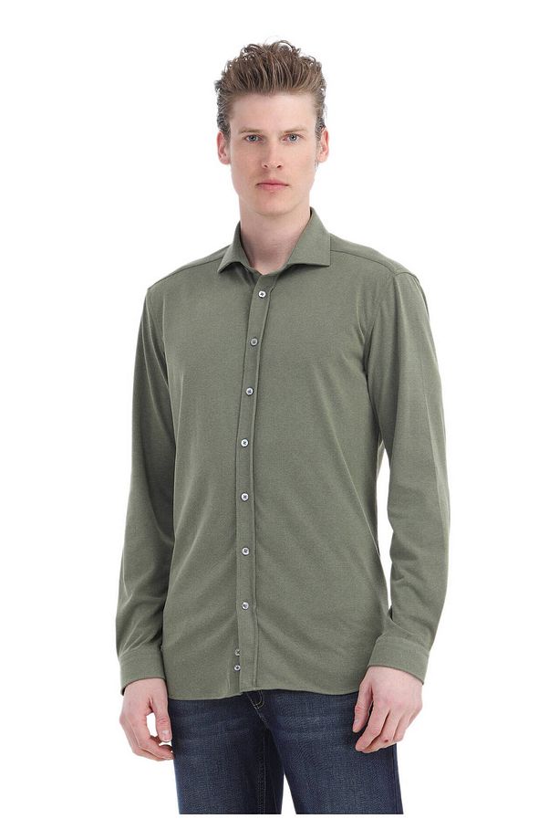 Haki Düz Regular Fit Dokuma Casual Gömlek - 1
