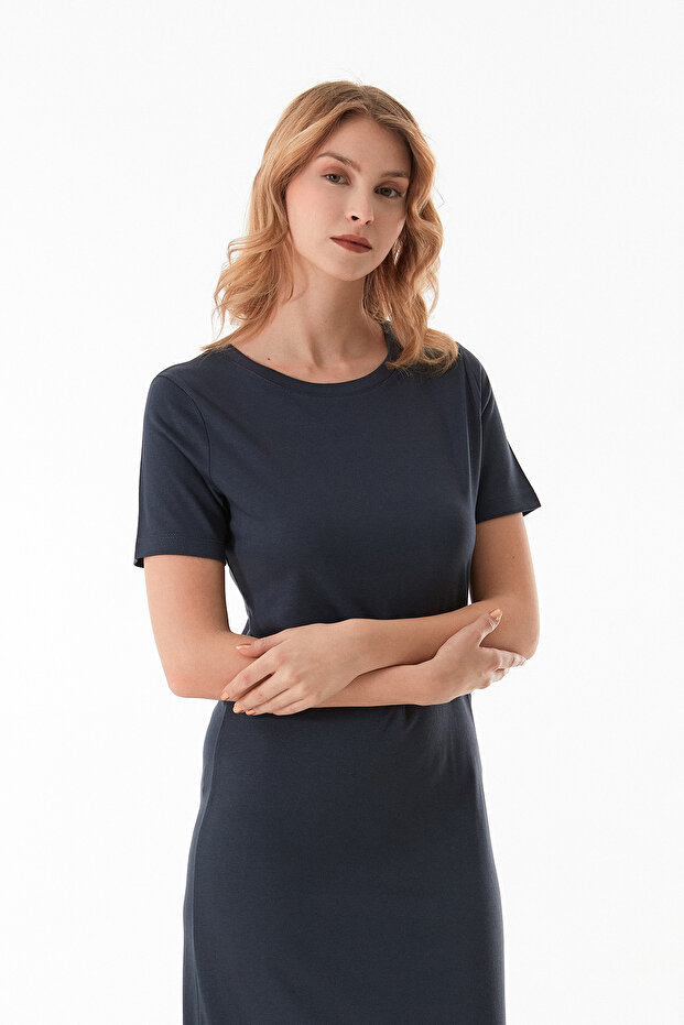 Basic Bisiklet Yaka Yırtmaçlı Elbise - 6