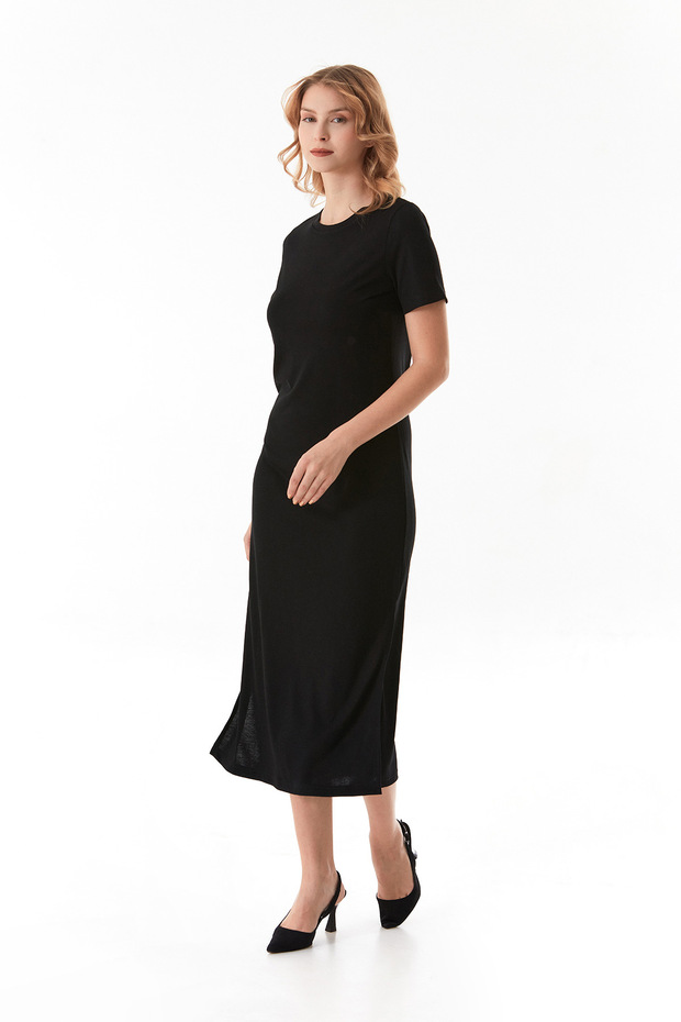 Basic Bisiklet Yaka Yırtmaçlı Elbise - 6