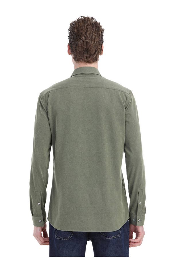 Haki Düz Regular Fit Dokuma Casual Gömlek - 5