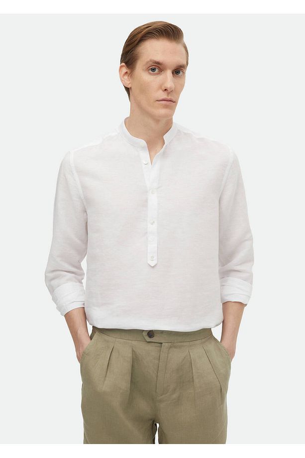 Ekru Düz Regular Fit Dokuma Casual Pamuk Karışımlı Gömlek - 1