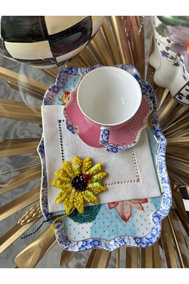 1 Piece Sunflower Embroidered Stone Napkin Coffee Yanım Presentation Napkin