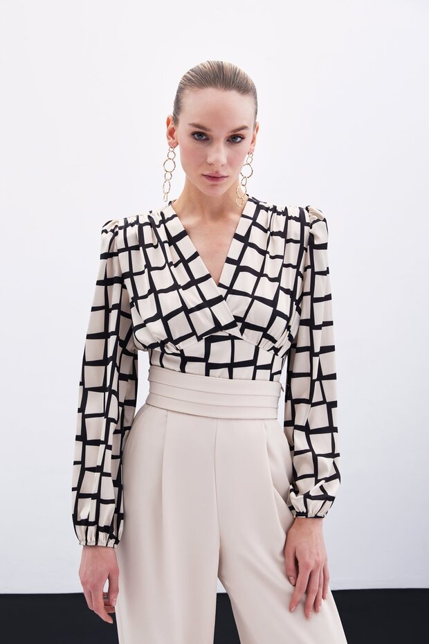 بلوزة قصيرة منقوشة - بيج - 1