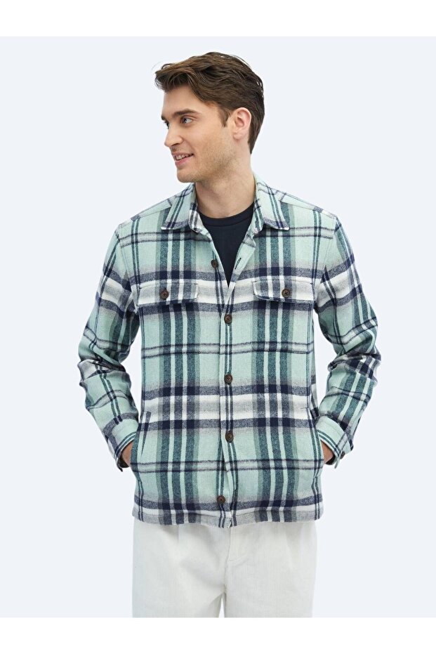 Mint Kareli Regular Fit Dokuma Yün Karışımlı Overshırt - 1