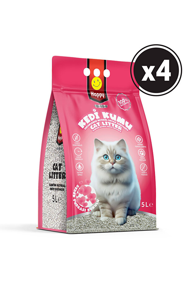 Happy Topaklanan Bentonit Bebek Pudralı Kedi Kumu 5 Lt X 4 Adet