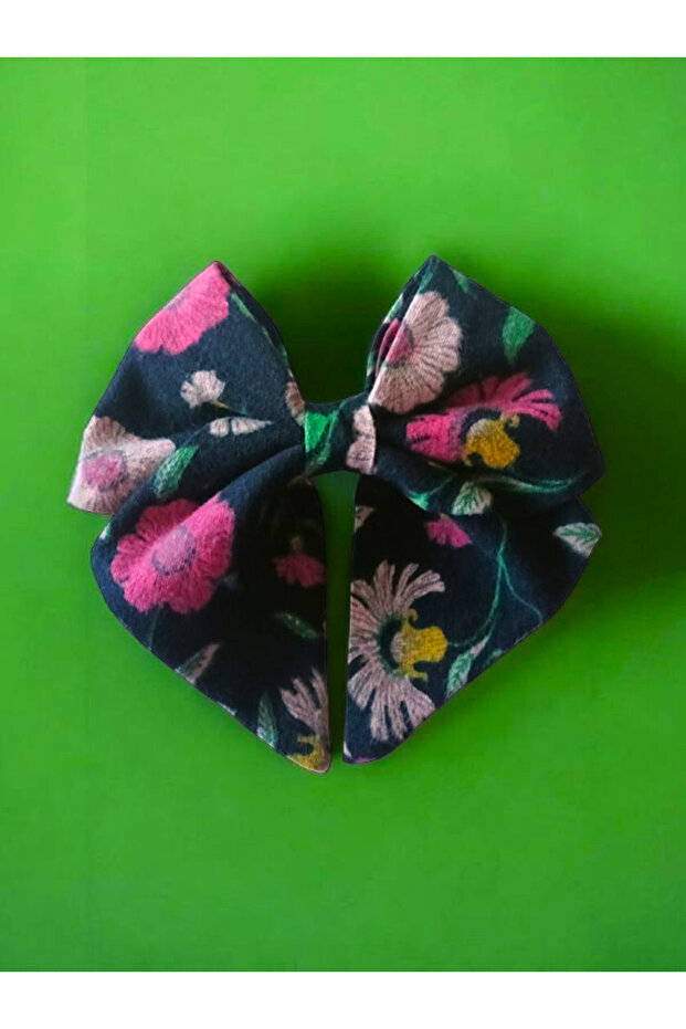 New Year's Elegant and Stylish Handmade Navy Blue Pressed Flower Pattern Bow School Hair Clip