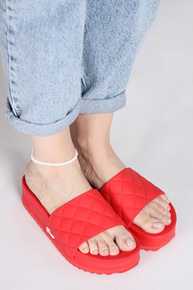 50001 Czerwone codzienne damskie kapcie na platformie na koturnie - 1