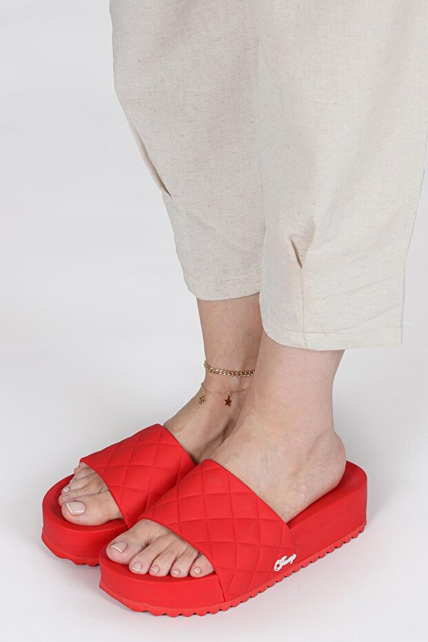 50001 Czerwone codzienne damskie kapcie na platformie na koturnie - 4