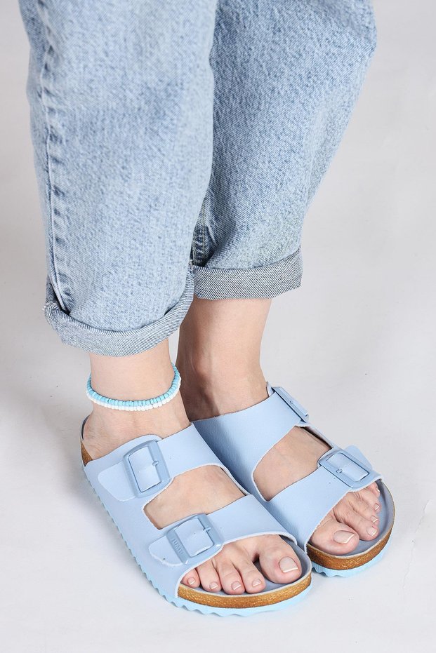 50010 Baby Blue Double Buckle Slippers Summer Women's Slippers