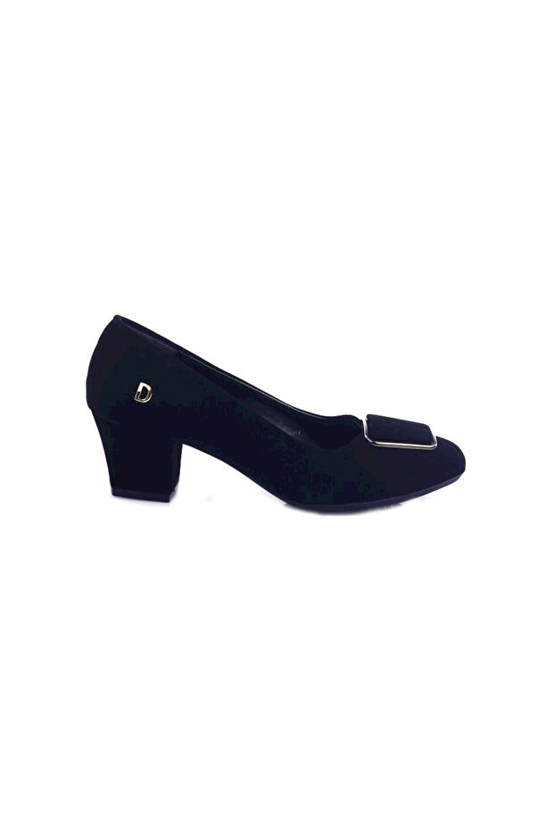 Round Toe Front Buckle Heeled Shoes Black Velvet 213312328