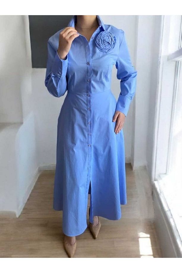 Tasarım Gül Detay Midi Boy Poplin Gömlek Elbise - 7