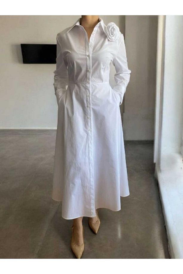 Tasarım Gül Detay Midi Boy Poplin Gömlek Elbise - 4