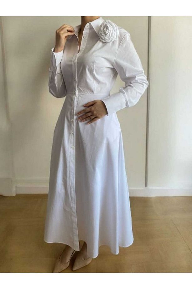 Tasarım Gül Detay Midi Boy Poplin Gömlek Elbise - 7