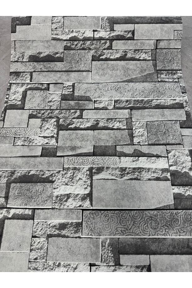 3 Boyutlu Taş Desenli Koyu Gri İthal Duvar Kağıdı - 5 M² - Tutkal Dahil - 159415 - 2