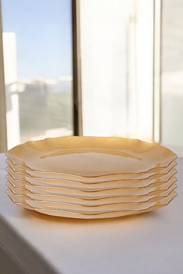 Fabric 6’lı Cam Dalgalı Kumaş Supla Tabak 32cm Metalik Altın  C320.045 - 5