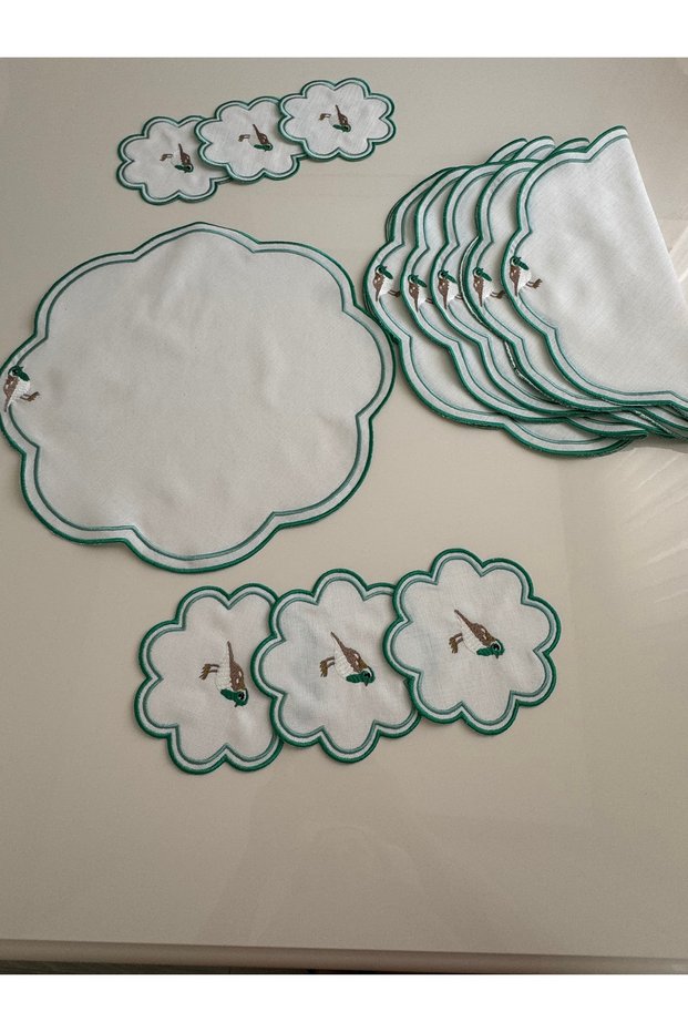 12 Pieces First Quality Linen Love Birds Embroidered American Serving Charger and Presentation Napkin