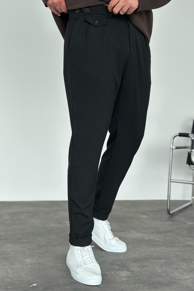 Men's Pleated Double Leg Black Fabric Trousers Ke-1020