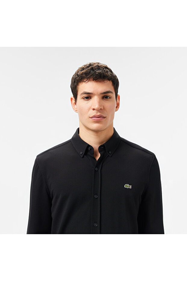 Erkek Slim Fit Düğmeli Yaka Siyah Gömlek - 4