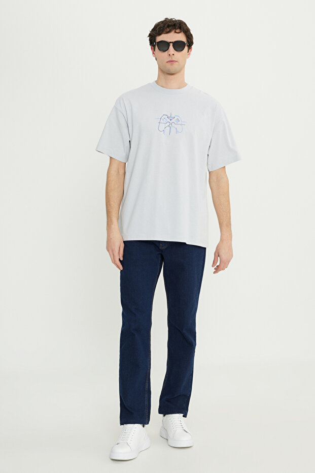 Erkek Gri %100 Pamuk Oversize Fit Rahat Kesim Bisiklet Yaka Baskılı Tişört - 3