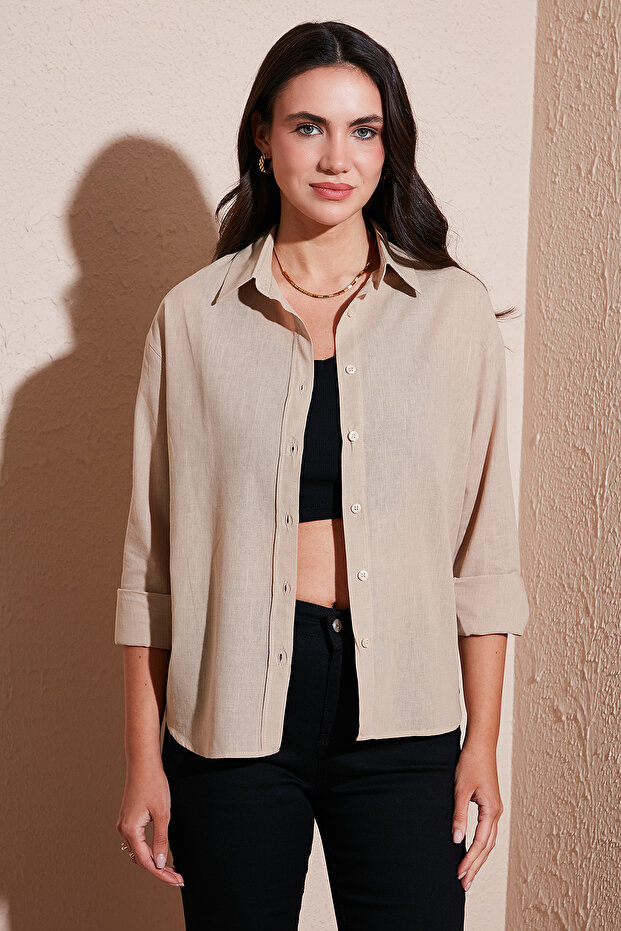 Keten ve Pamuk Karışımlı Regular Fit Önü Kısa Arkası Uzun Gömlek GÖMLEK 6772853 - 1