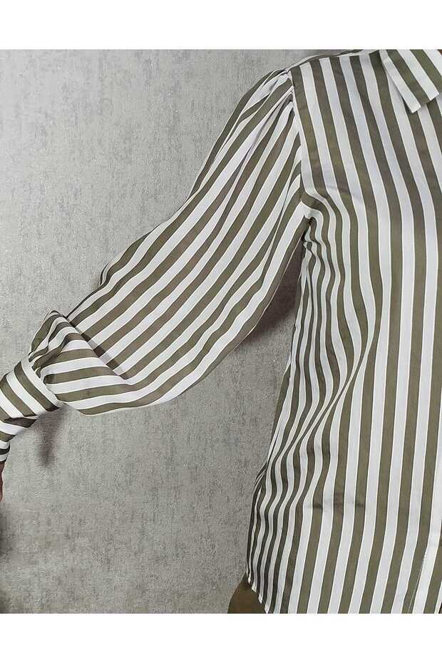 Yeşil Çizgili Rahat Kalıp Basic Gömlek - 3