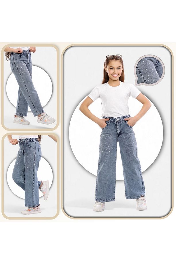 %100 Pamuk-Denim-Kot-Serpme Taşlı-Kar Yıkamalı-Kız Çocuk Pantolonu-Palazzo - 1