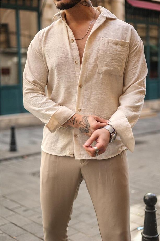 Erkek Basic Oversize Gömlek Krem - 5