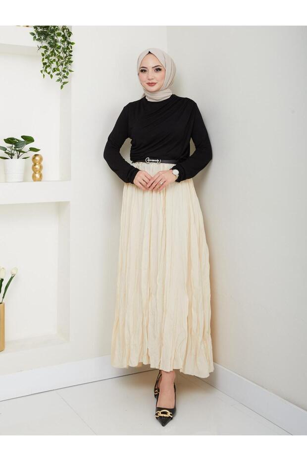 Elastic Waist Crinkled Micro Long Women's Skirt