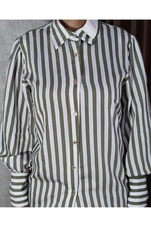Yeşil Çizgili Rahat Kalıp Basic Gömlek - 4