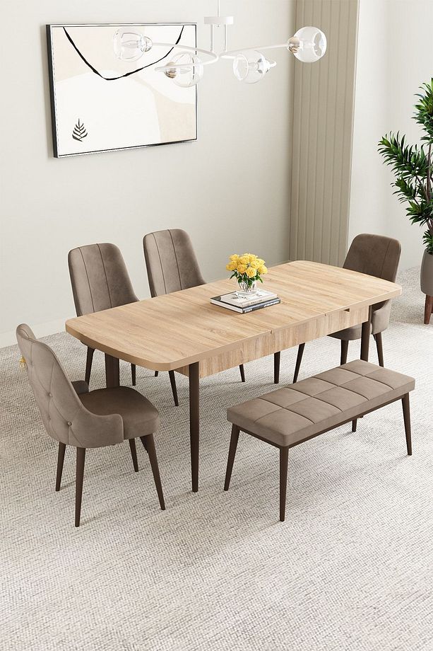 Clara Meşe Desen 80x132 Açılabilir Mutfak Masası Takımı 4 Sandalye, 1 Bench - 2