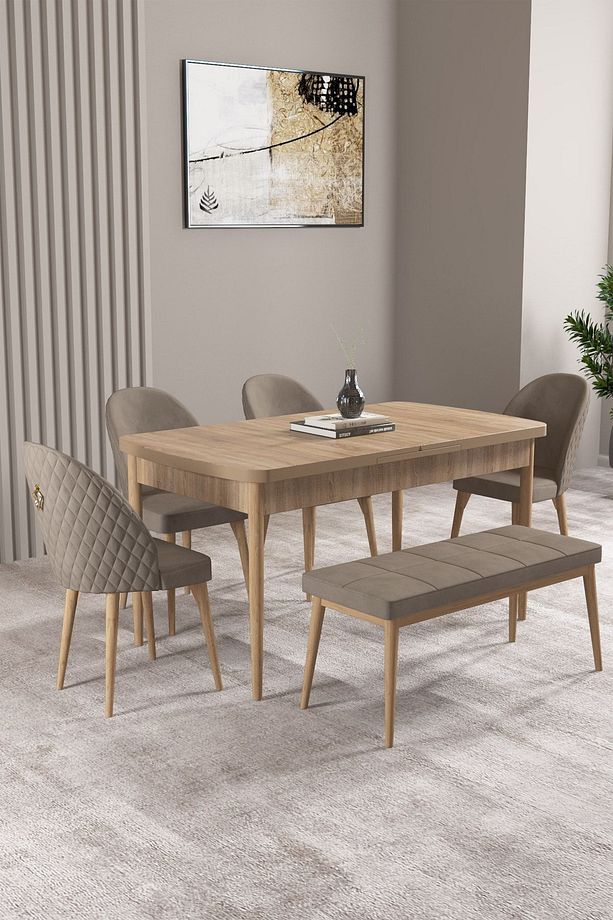 Milas Meşe Desen 80x132 Mdf Açılabilir Mutfak Masası Takımı 4 Sandalye, 1 Bench - 1