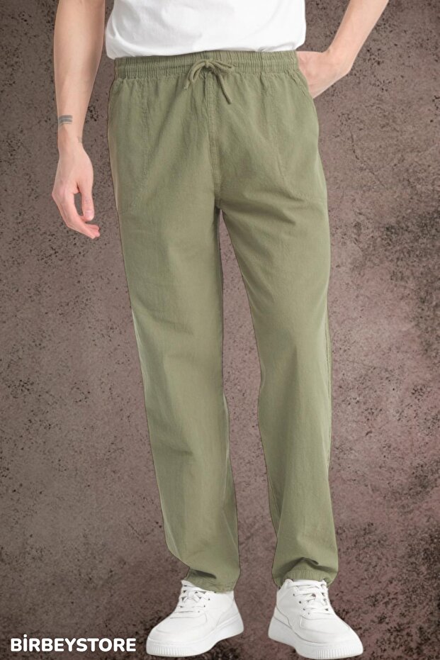 Summer Linen Trousers Raw Fabric Sweatpants Elastic Waist Unisex Comfortable Fit (Khaki)