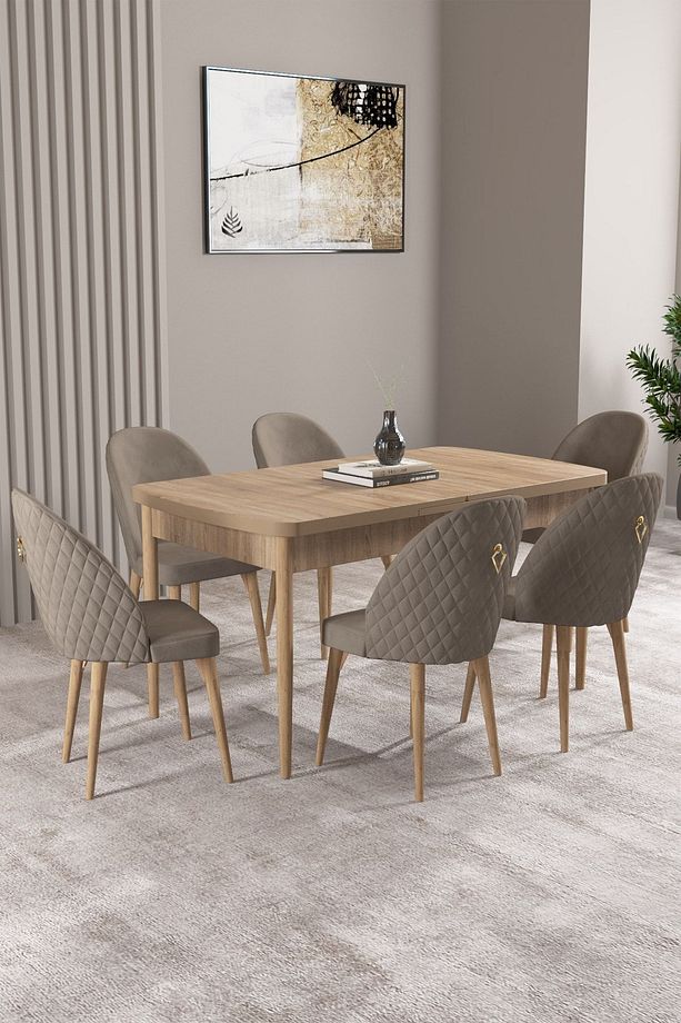 Milas Meşe Desen 80x132 Mdf Açılabilir Mutfak Masası Takımı 6 Adet Sandalye - 1
