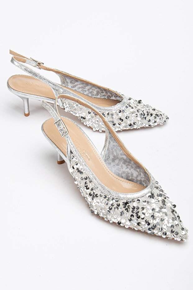 Women's Short Heeled Evening Dress Shoes Silver Sequin Mesh Heel Open