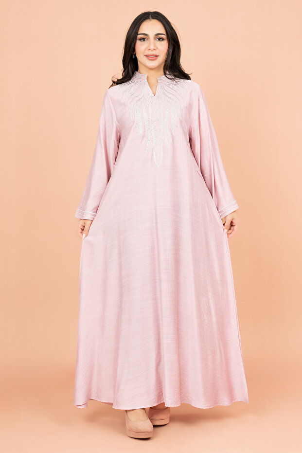 Embroidered Solid Jalabiya with Stylish Mandarin Collar